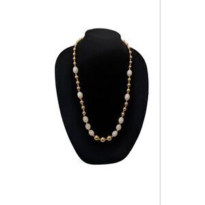 Signed NAPIER Goldtone Cream Round Oval Beads Shape 29"‎ Necklace Vintage